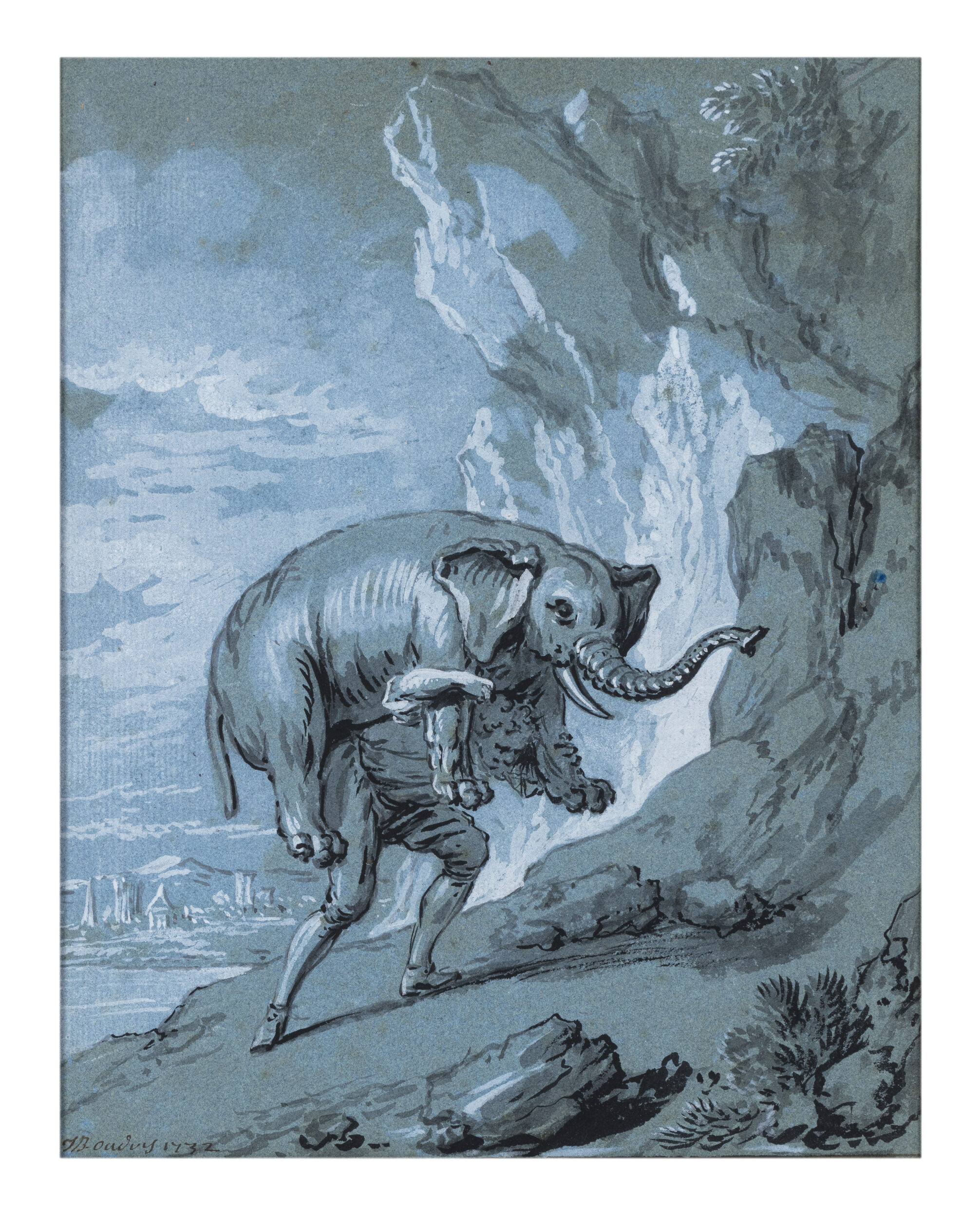 Jean-Baptiste Oudry, Illustration pour la fable « Les deux aventuriers et le Talisman » de Jean de La Fontaine, 1732, pinceau, encre noire, lavis gris, rehauts de gouache blanche avec une bordure à l’encre bleue sur papier bleu, 31 x 26 cm, collection particulière