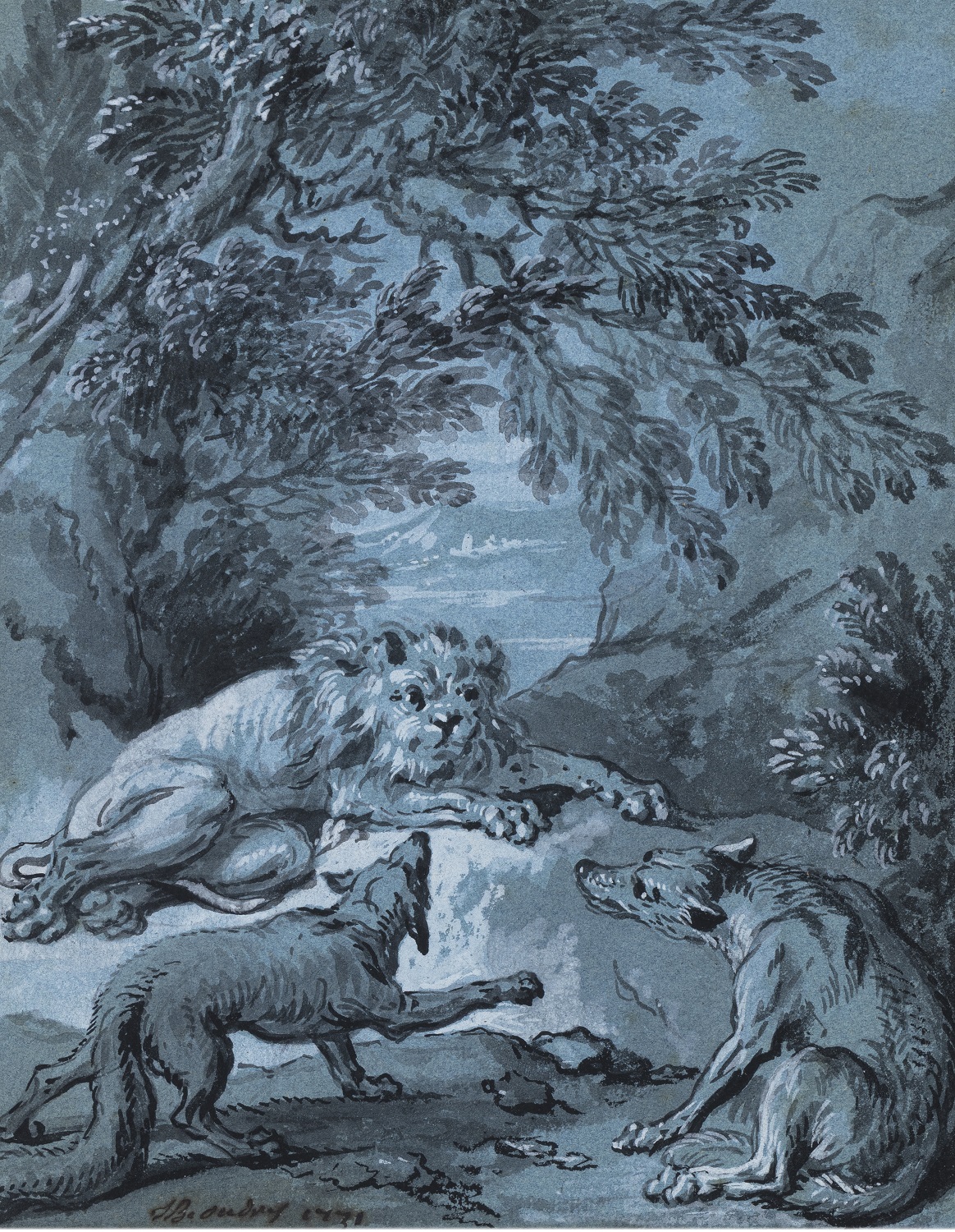 Illustration des fables de la fontaine par Oudry : "Le lion, le loup et le renard"